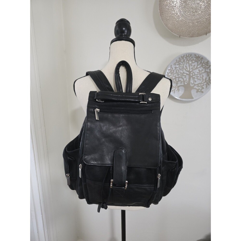 Beautiful David King Boston Soft Black Leather Multi-Pocket Backpack EuC